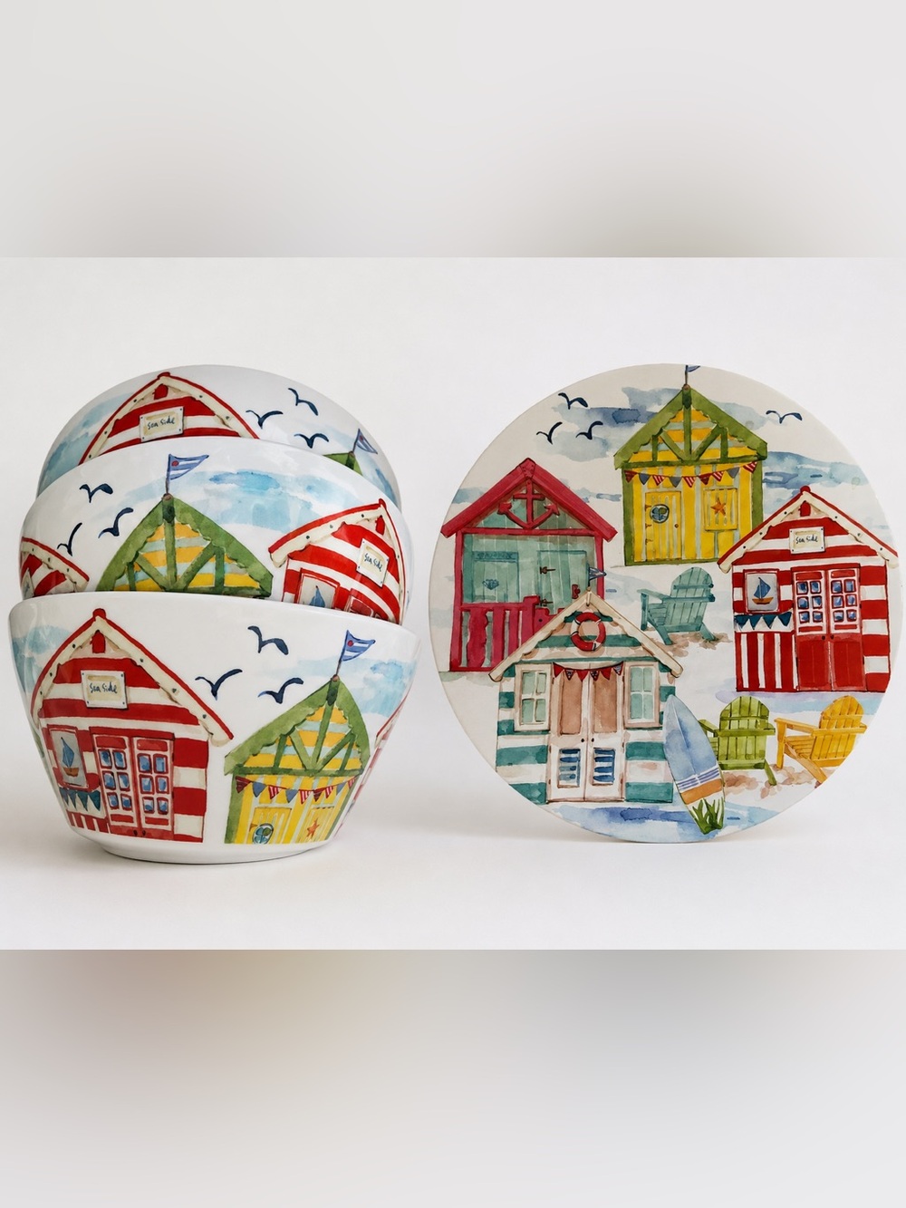 4 Bed Bath Beyond ‘Beach House’ Melamine Dinner Plates & 3 Bowls NEW